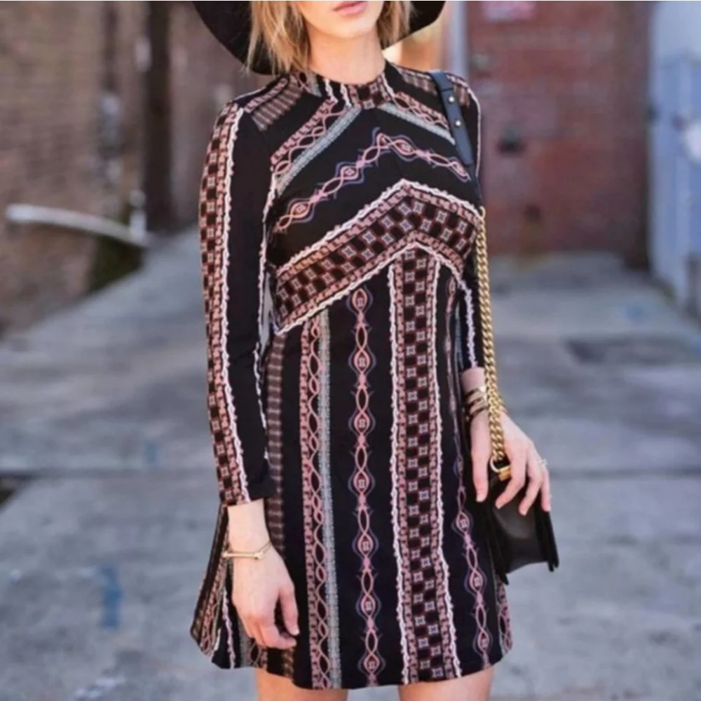 NWT Free People  Stella knit Black and Pink Patterned Mini Dress